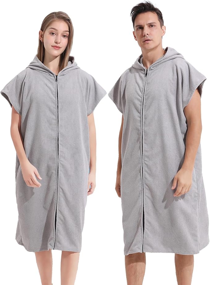 Surf Poncho Hooded Changing Towel Swim Robe with Zipper Plus Size Terry Cloth Swim Cover Up for Adults Men Women Towel Poncho Hoodie surfing accessories(Black) (Grey)