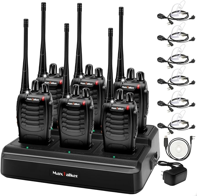 Walkie Talkies Rechargeable Two-Way Radios: MaxTalker Walkie Talkie Earpiece with Mic, Portable UHF Radio with 6 Way Multi Unit Charger, 6 Pack Long Range Walkie Talkies for Adults Team Management