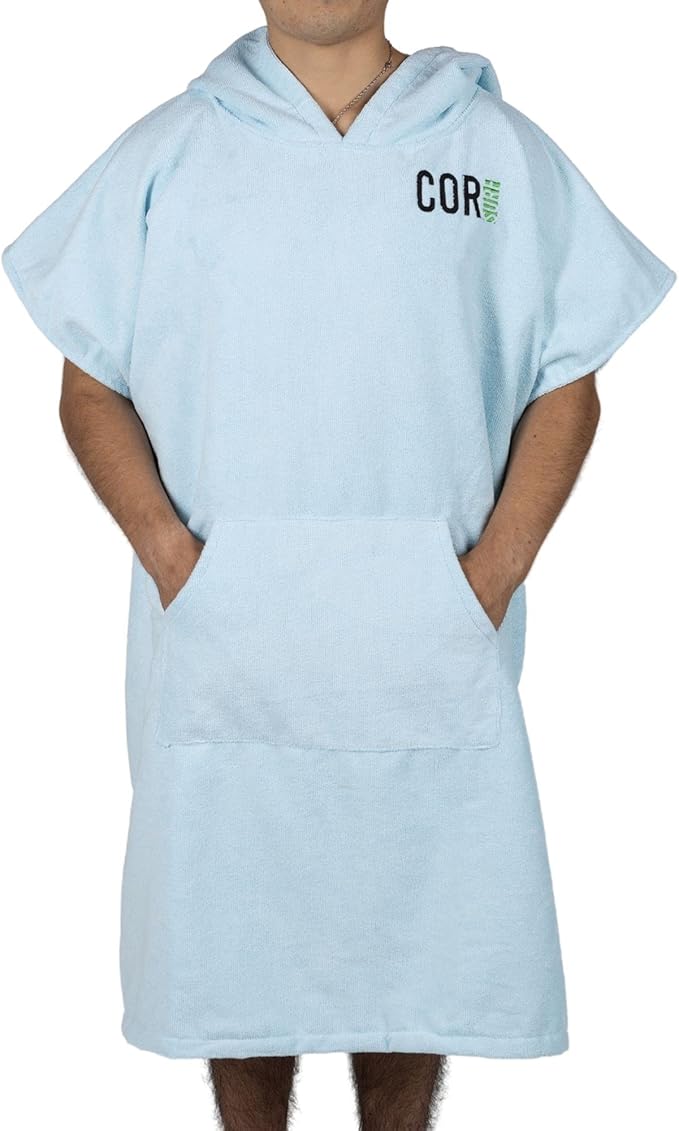 COR Surf Poncho Changing Towel Robe with Hood and Front Pocket | Thick Quick Dry Microfiber Wetsuit Poncho Towel for Surfing Beach Pool Swim (Large, Light Blue)