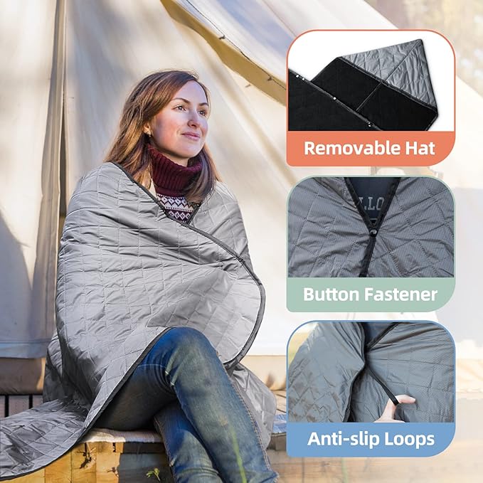 Large Outdoor Blanket, Camping Blankets for Cold Weather, Waterproof Windproof Hooded Stadium Blanket (79”x55”) Quilted with Extra Thick Fleece, Great for Camping, Picnic, Beach, Car, Dogs