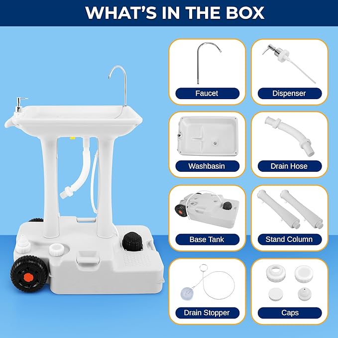 SereneLife SLCASN25 Portable Camping Sink w/Towel Holder & Soap Dispenser-30L Water Capacity Hand Wash Basin Stand w/Rolling Wheels-for Outdoor Events, Gatherings, Worksite & Camping