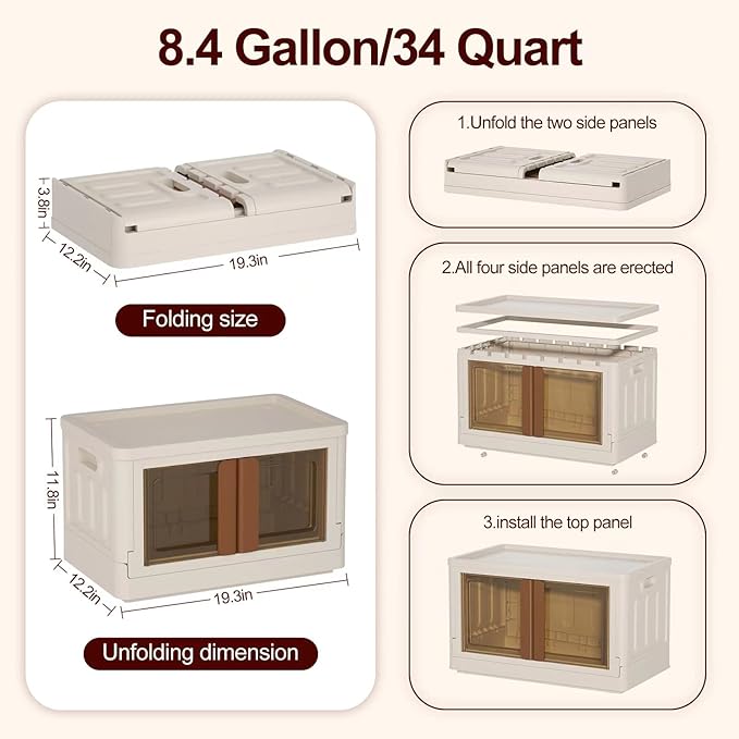 8.4Gal Collapsible Storage Bins with Lids & Wheels - 2 Pack Stackable with Doors, Heavy-Duty Plastic Containers for Home/Office, Milk White