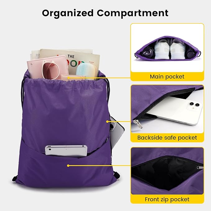 Vorspack Drawstring Backpack Water Resistant String Bag Sports Sackpack Gym Sack with Side Pocket for Men Women