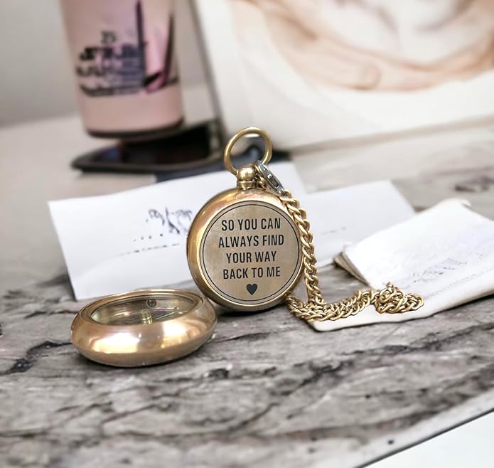 Solid Brass Compass Personalised Engraved with 'So You Can Always Find Your Way Back To Me', Compass on Chain with Leather Case for Birthday, Baptism, Anniversary or Hiking