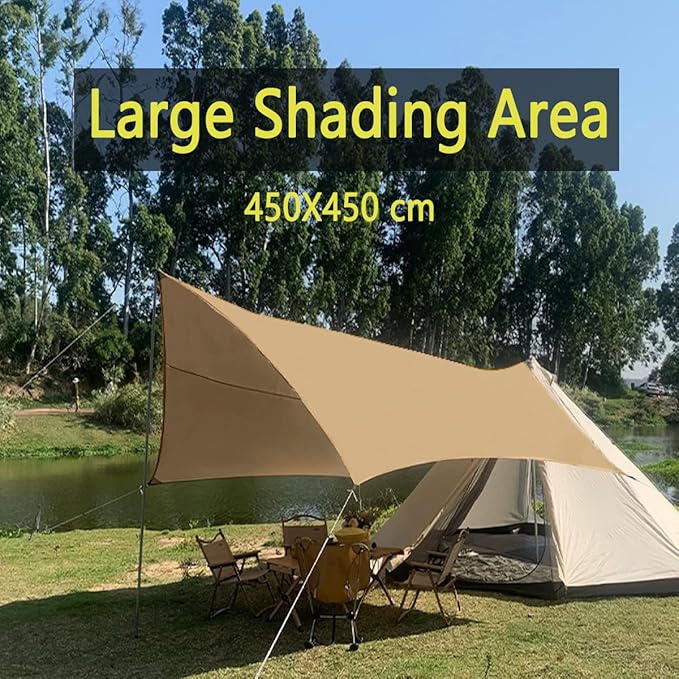 4.5X4.5m Large Camping Tarp Tent Ultralight Waterproof Hammock Rain Fly Mutifunctional Hexagon Tarpaulin Shelter for Bushcraft Picnic Backpacking Outdoor Survival (Beige Hexagonal Tarp, 15x15ft)