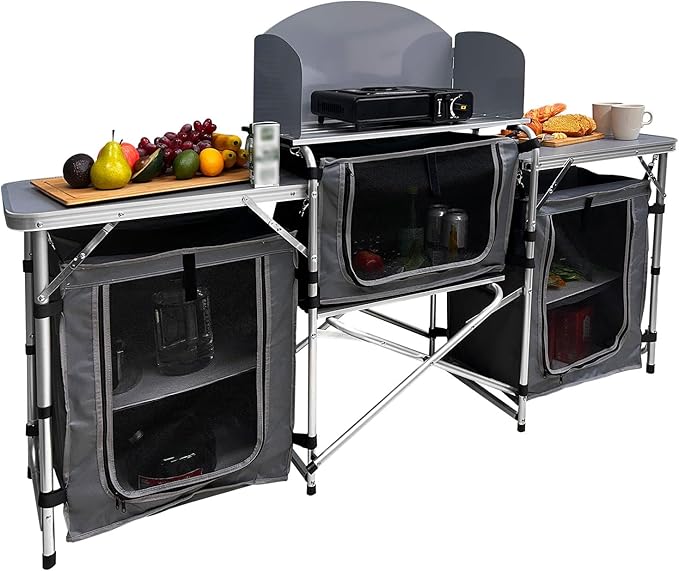 Camping Kitchen Table, Portable Folding Aluminum Cooking Table with 3 Storage Cupboards and Carrying Bags, Outdoor Cooking Station for Beach BBQ RV Traveling Camping Party (Silver)