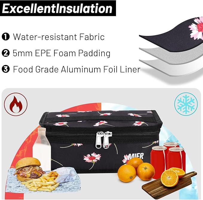 MIER Portable Thermal Insulated Cooler Bag Mini Lunch Bag for Women Teen Girls Kids, Black Floral