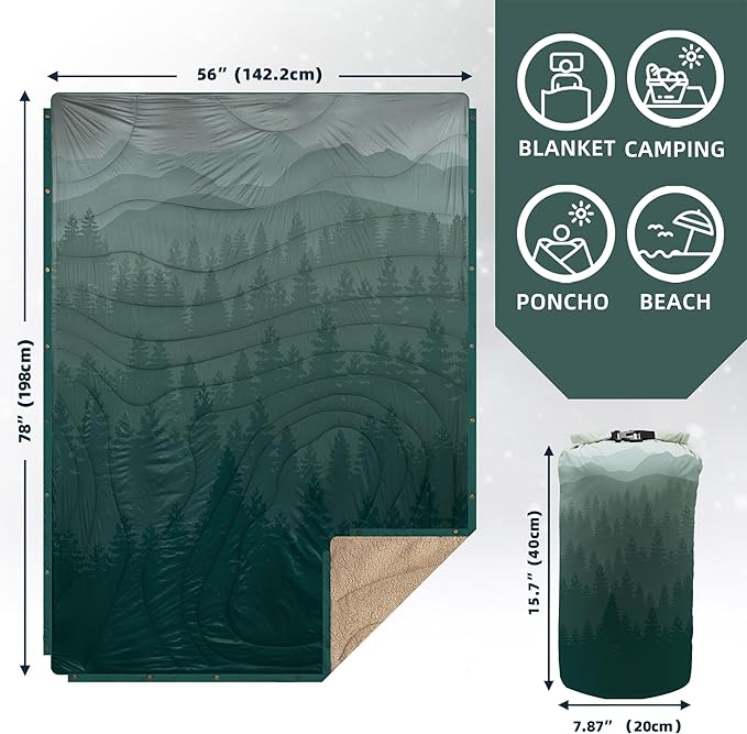 Outdoor Camping Blanket with Sherpa Lining, Extra Warm Thick Camp Blankets & Puffy Ultralight Soft Poncho DWR Camping Quilt for Cold Weather, Adventure,Sleeping,Backpacking 78"x 56"