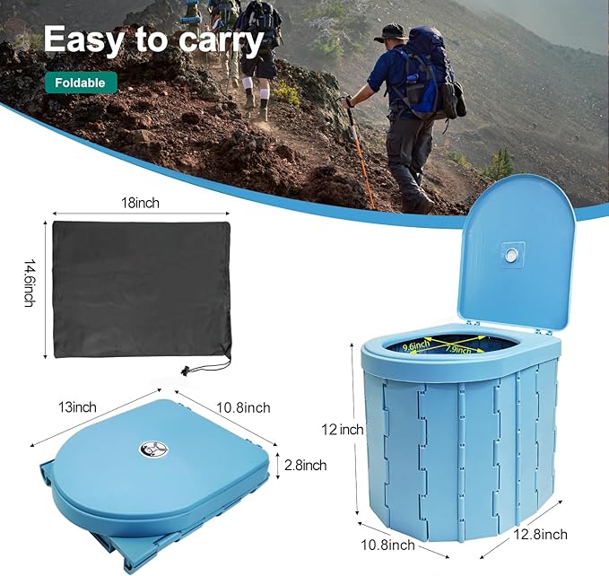 Upgrade Portable Foldable Toilet, Outdoor Toilet for Camping Hygiene & Sanitation, Emergency Potty for Truck Travel Hiking Fishing Long Trip, Floding Toilet with lid, storage bag, and 15 pc trash bags