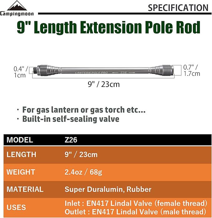 CAMPINGMOON 4.7-inch/9-inch Length Extension Pole Rod for Camping Lantern Z27/Z26