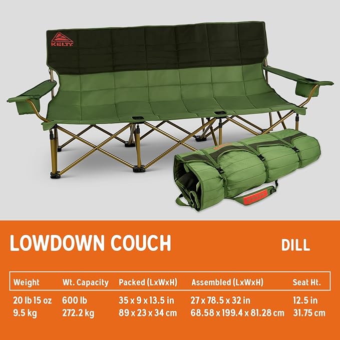 Kelty Lowdown Couch - 3 Person Capacity Camping Chair, Extra Large and Sturdy Bench for Campsites, Soccer Games, and Backyard Parties, 2023 (Dill)
