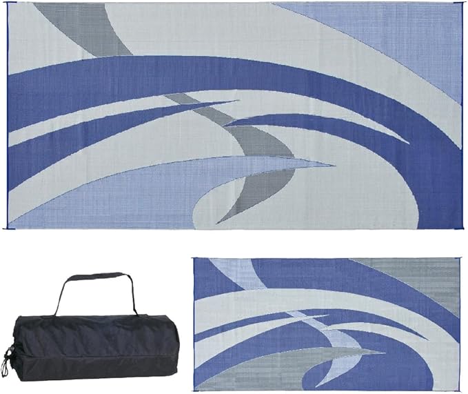 Stylish Camping 159183 9-feet by 18-feet Reversible Mat, Plastic Straw Rug, Large Floor Mat for Outdoors, RV, Patio, Backyard, Picnic, Beach, Camping (Blue/Grey)
