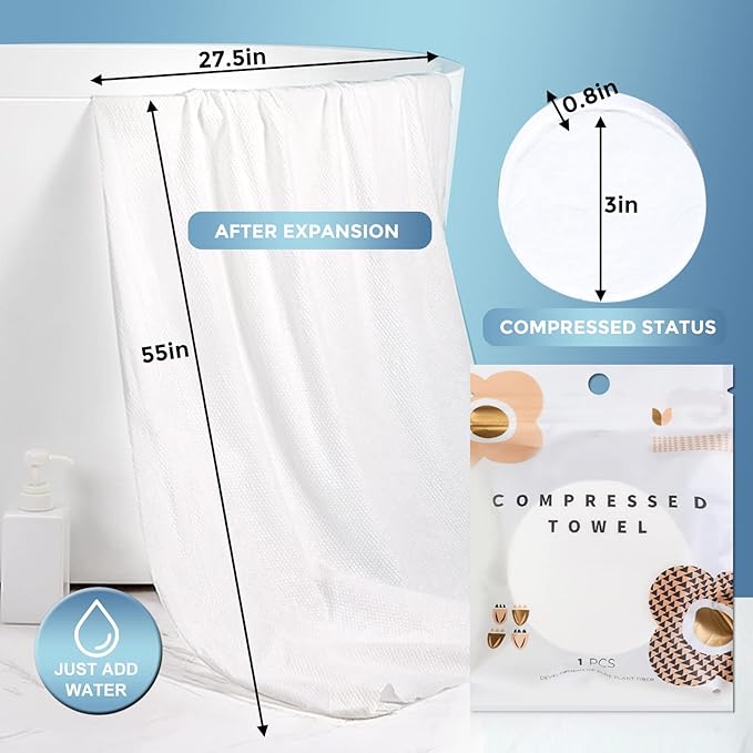 GXF 3 Packs Compressed Bath Towel Tablets, 56'' x 28'' Pure Cotton Portable Disposable Hypoallergenic Dehydrated Expandable Compact Compressed Towels Washcloths for Camping Swimming Traveling Hiking