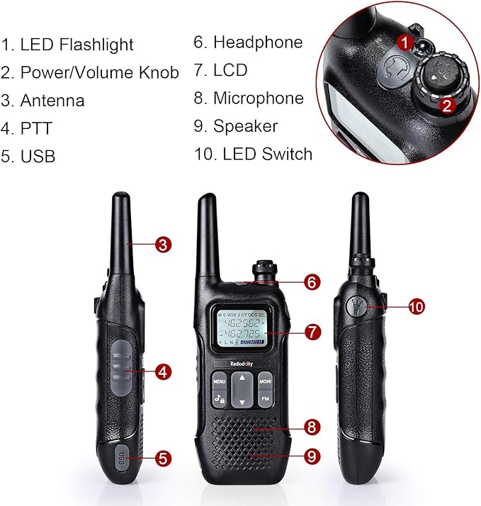 Radioddity FS-T1 FRS NOAA Two-Way Radio, Rechargeable Walkie Talkies, 22 CH, Earpiece, Flashlight, USB Charging, Perfect for Hiking Camping Security Team, 6 Pack