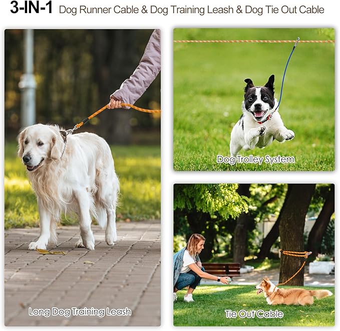 Snagle Paw Dog Runner for Yard 3 in 1, 75FT Dog Training Leash with Handle for Small Medium Large Dogs, Reflective Rope Dog Tie Out Cable with Carabiner for Yard,Park,Camping (Orange for 1 Dog)