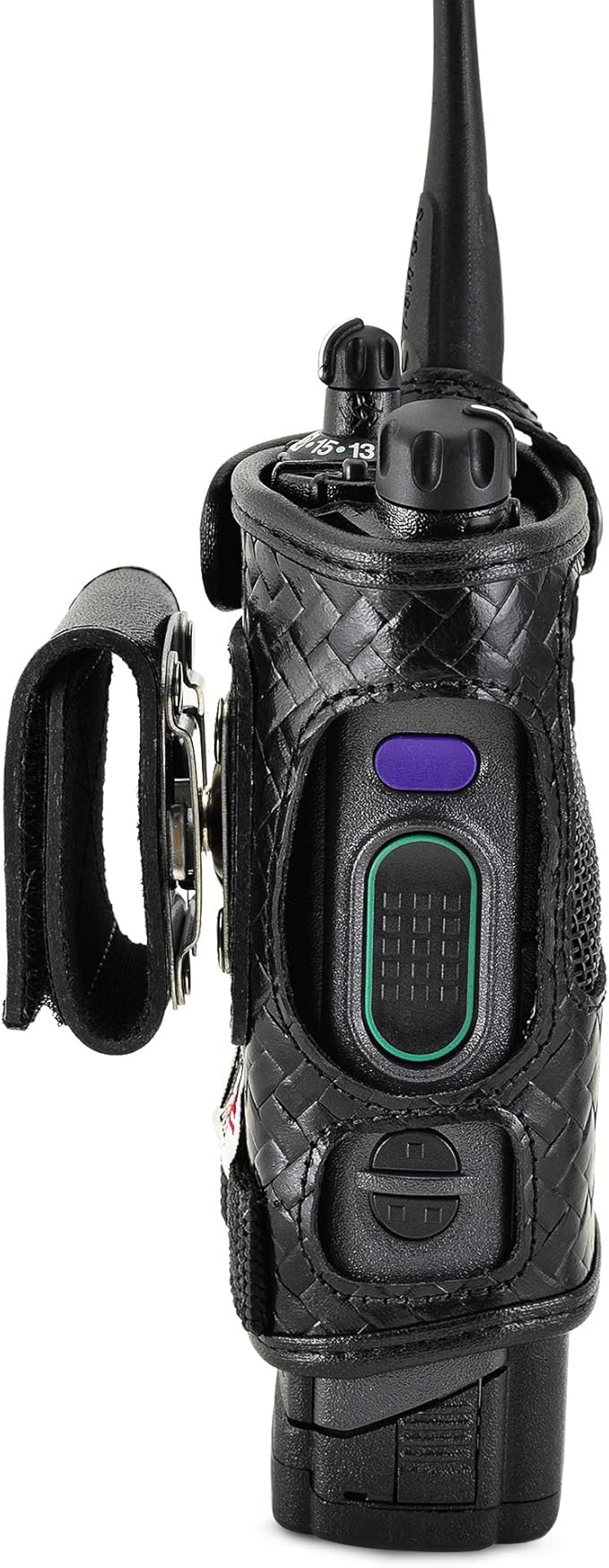 Turtleback Radio Holster for Motorola APX6000 – Durable Basket Weave Leather Radio Holster with Heavy-Duty Ratcheting 2.25" Belt Loop – All-Button Access – Fits Slim or Extended Battery