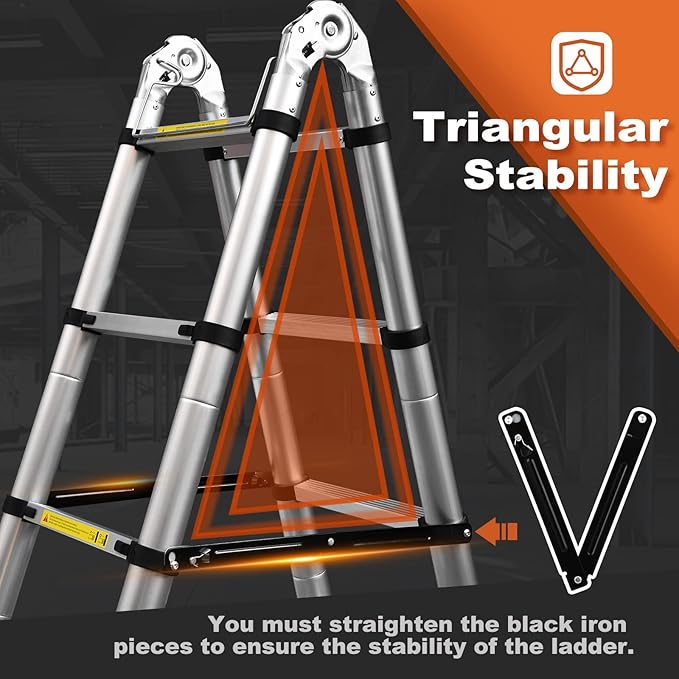 Telescoping Ladder A Frame, 12.5 Ft Compact Aluminum Extension Ladder, Portable Telescopic RV Ladder for Outdoor Camper Trips Motorhome with Tool Platform and Stabilizer Bar, 330 lb Capacity