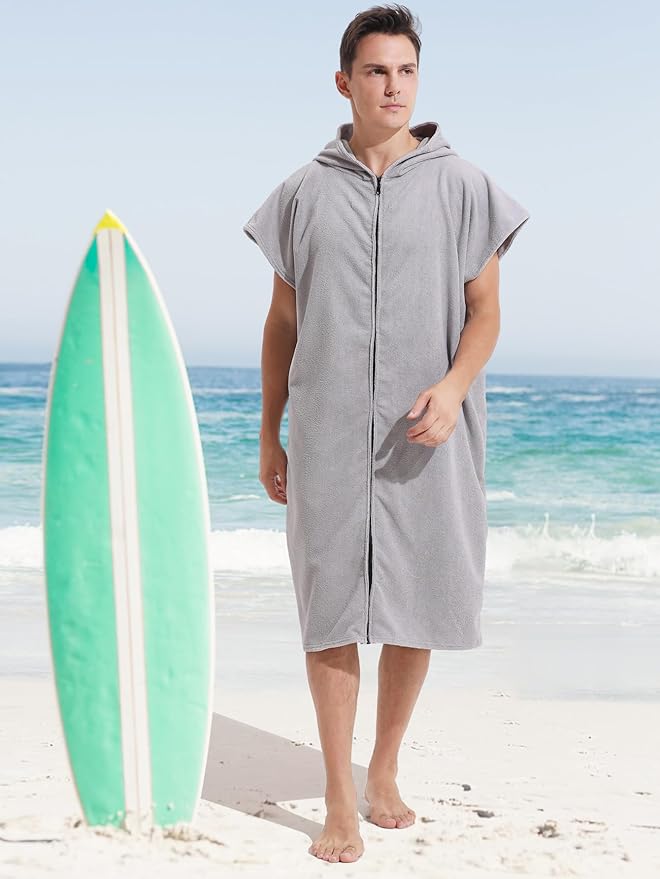 Surf Poncho Hooded Changing Towel Swim Robe with Zipper Plus Size Terry Cloth Swim Cover Up for Adults Men Women Towel Poncho Hoodie surfing accessories(Black) (Grey)