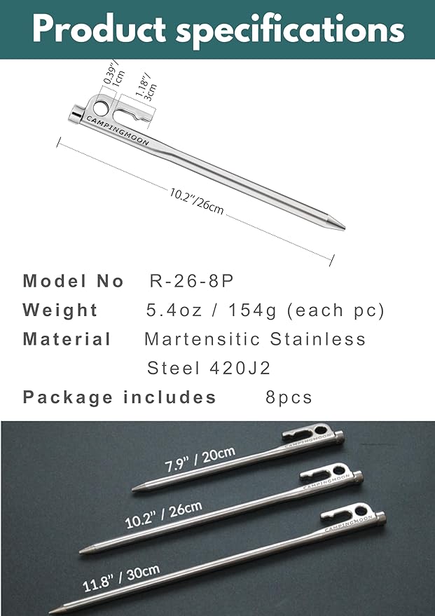 CAMPINGMOON Tent Stakes 10.2-inch 8pcs Martensitic Stainless Steel 420J2 Hardened Forged Power Peg Ideal for Hard Ground R-26-8P