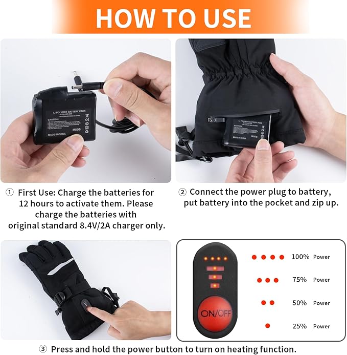Fohil Heated Gloves for Men Women - Electric Heated Winter Gloves Rechargeable 3200mAh, Waterproof Touchscreen 3 Temperature Level Adjustable Heating Work Gloves for Skiing Motorcycling Hiking