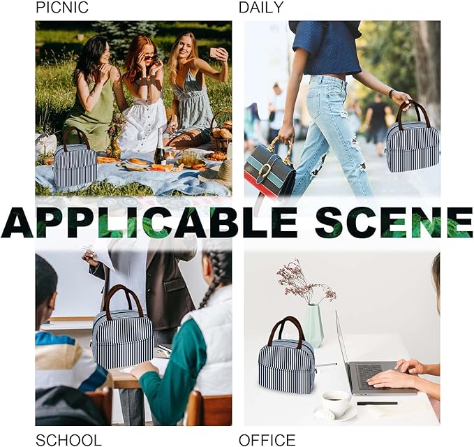 Sonuimy Insulated Lunch Bag Women, Reusable Cute Tote Lunch Box for Men & Adult, Leakproof Cooler Lunch Bags for Work Office Travel Picnic (Navy White Strip)