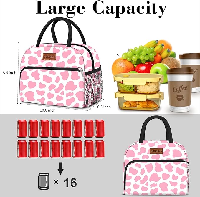 Coobiiya Lunch Bag Women, Lunch Box for Women Adult Men, Small Leak-proof Cute Lunch Tote Large Capacity Reusable Insulated Cooler Lunch Container for Work/Office/Picnic/Travel-Pink Cow