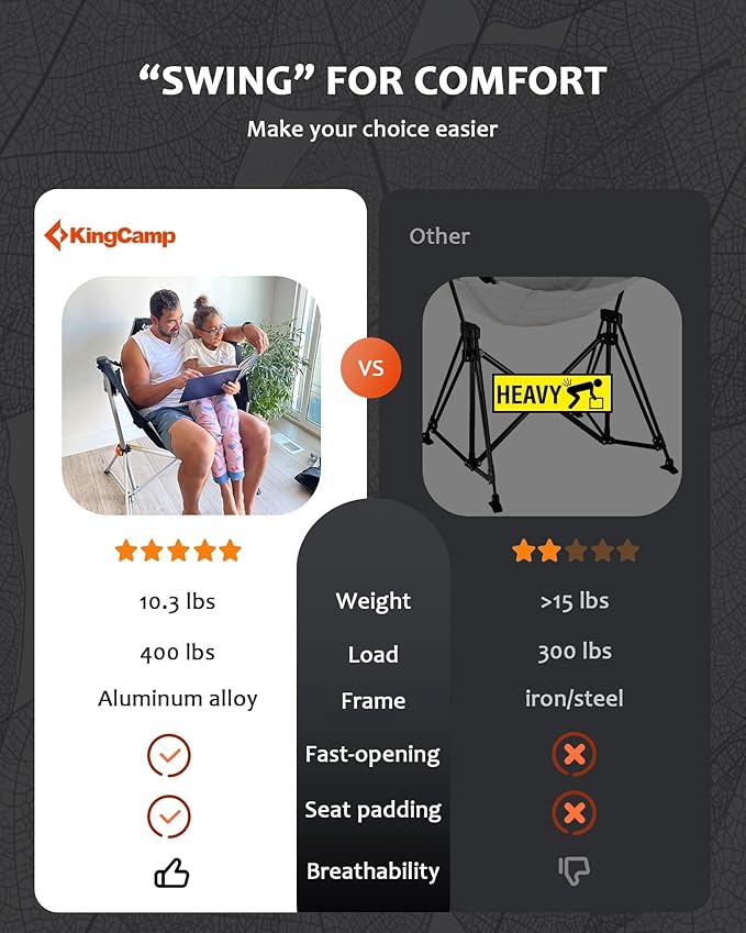 KingCamp Hammock Camping Chair, Swinging Portable Folding Camp Chairs for Adults 400lbs Heavy Duty Foldable Oversized Rocker with Aluminum Alloy Frame Cup Holder Pillow for Outdoor Beach Patio Sport