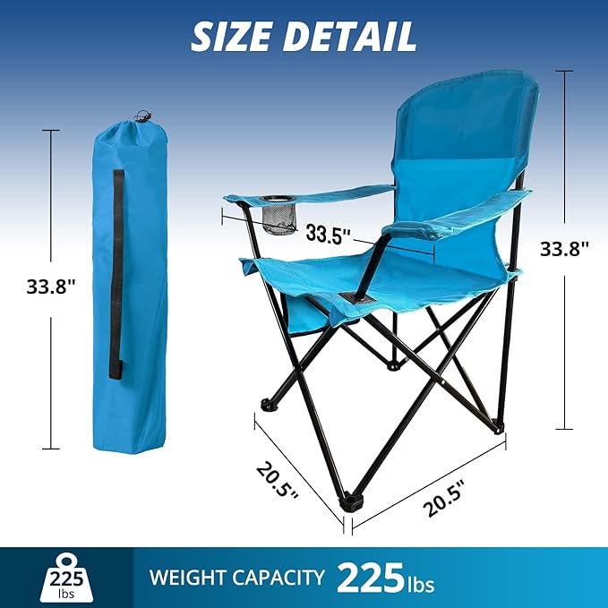 2PCS Folding Outdoor Beach Camp Chair with Cup Holder, Storage Pocket, Waterproof Bag Outdoor Arm Chair, Supports 225LBS, Blue