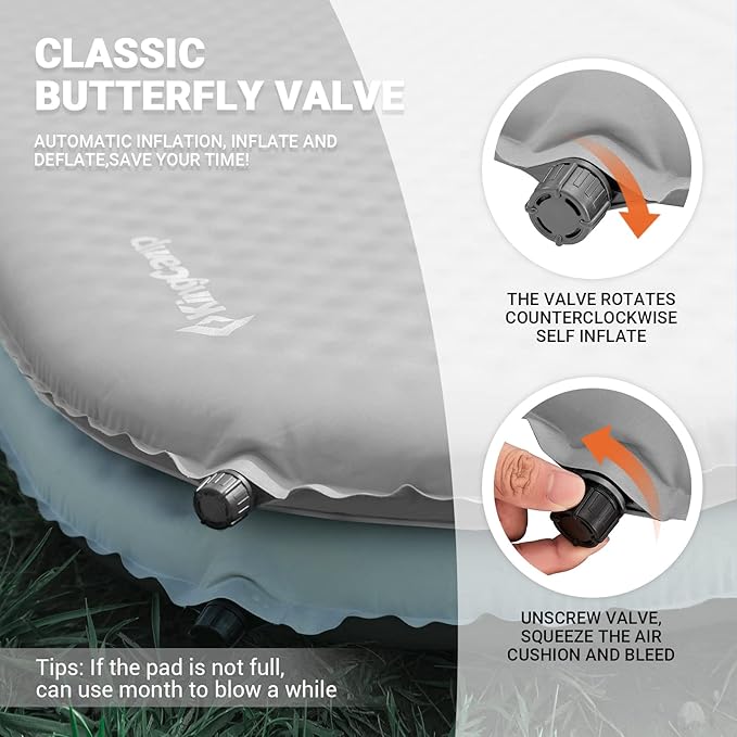 KingCamp 2 Person Self Inflating Double Insulated Pad Camping Mattress for Tent, Cot, Traveling, and Hiking Deluxe Series, Light Gray/Charcoal
