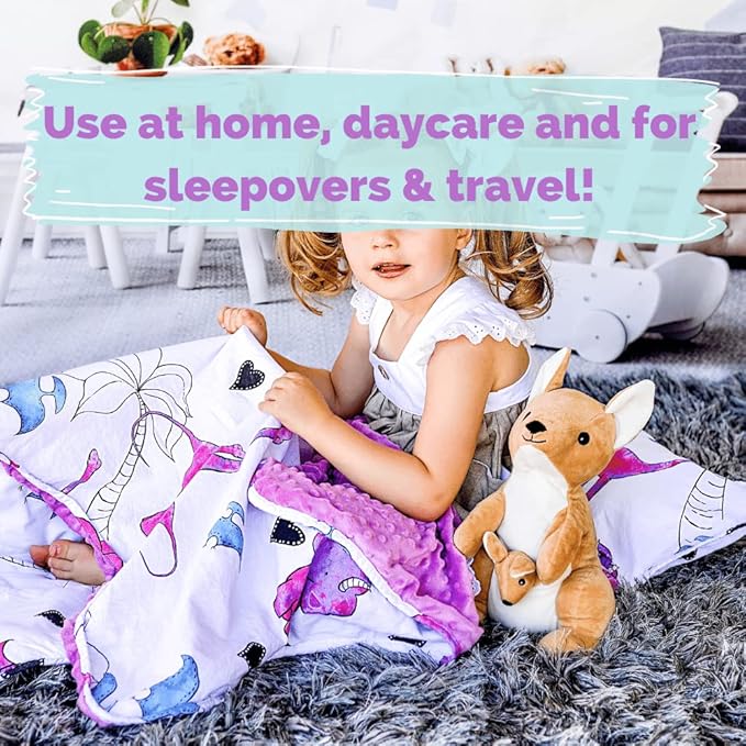 JumpOff Jo - Toddler Nap Mat - Sleeping Bag for Kids with Removable Pillow and Ultra Soft Blanket for Preschool, Daycare, and Sleepovers - Pink Dino