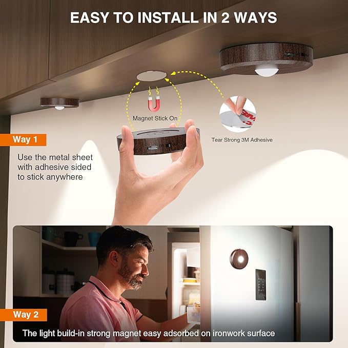 Puck Lights with Remote Control,2000mAh Rechargeable Under Counter Lighting,3 Color Temperatures Dimmable Under Cabinet,Closet Light,3Pack Tap Light for Hallway (Wood Color, 3 Pcs)