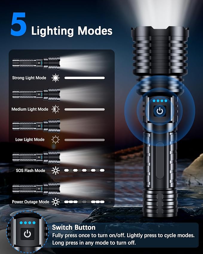 Super Bright Rechargeable LED Flashlights 2500.000 High Lumens, Flashlights High Lumens Up to 25H Long Battery Life| Zoomable| 5Light Modes| IP67 Waterproof, High Powered Flashlight for Camping Home