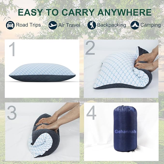 Gehannah Travel Pillow - Compressible Camping Pillow for Sleeping, Shredded Memory Foam Pillow with Storage Bag Compact Supportive (Grey, Large(2 Pack))