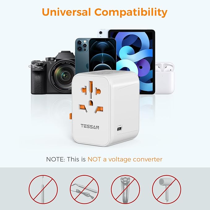 Universal Travel Plug Adapter 30W, TESSAN International Power Adaptor with 1 USB C and 4 USB A Ports, Travel Worldwide Outlet for US to European EU UK AUS (Type C/G/A/I)