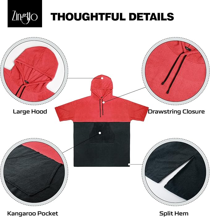 Surf Poncho Changing Robe, 3/4 Sleeve Extra Large Thick Hoodie Towel Poncho for Men Women Beach Swimming, 43" x 35", Black Coral Red