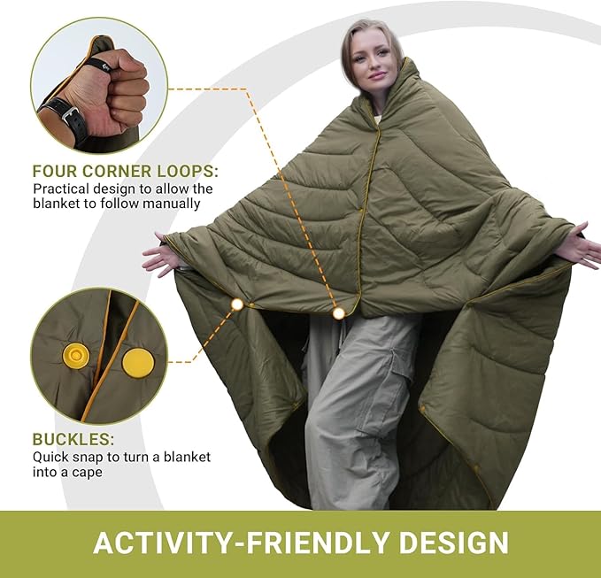 KingCamp Lightweight Camping Blanket - Stylish & Multifunctional Quilt with Snap Button, Portable for Travel, Airplane, Indoor & Outdoor - Provides Warmth - Olive