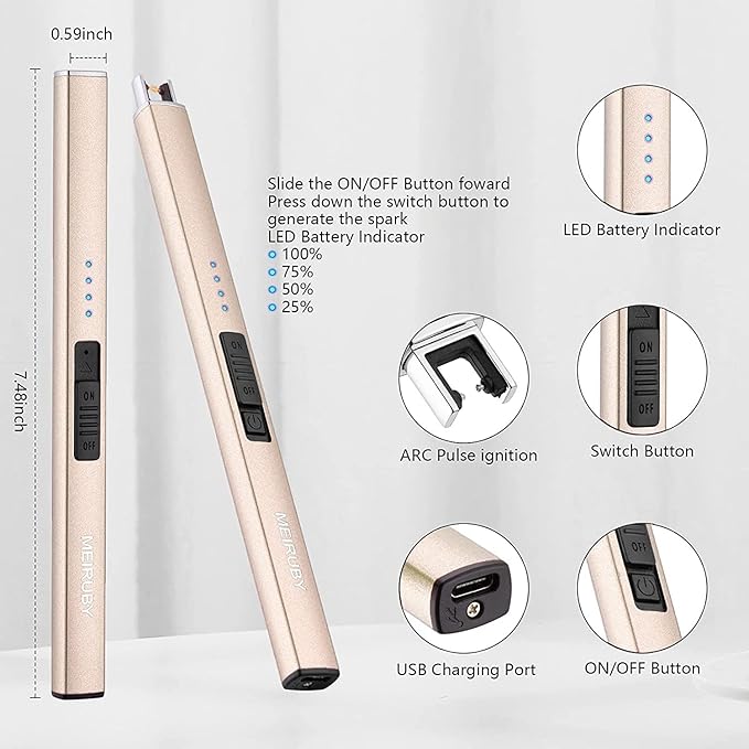 MEIRUBY Lighter Electric Candle Lighter Long Electronic Rechargeable USB Lighter Arc Windproof Flameless Lighters for Candle Camping BBQ Birthday Women's Day Gifts for Women Mom Wife Men, Gold