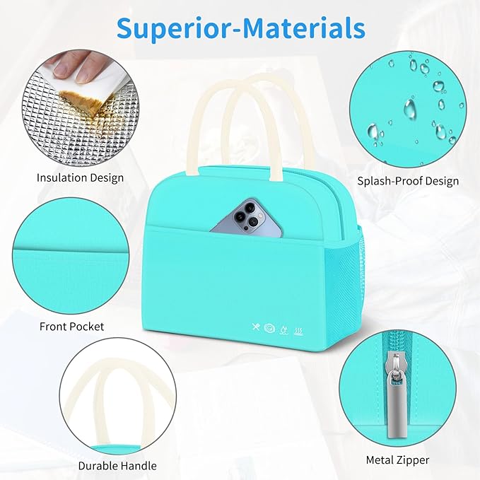 Lunch Bag Lunch Box for Women Men Reusable Insulated Lunch Tote Bag,Food Handbags Case High Capacity for Travel Work Picnic Beach,Cyan