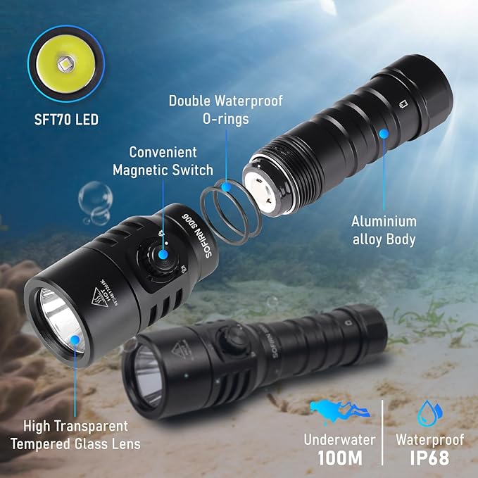 sofirn SD06 Scuba Diving Flashlight, 3200 High Lumens 472 Meters Long Throw Bright Underwater Light, Waterpoof Flashlight for Underwater 100 Meters with Charger(6500k)
