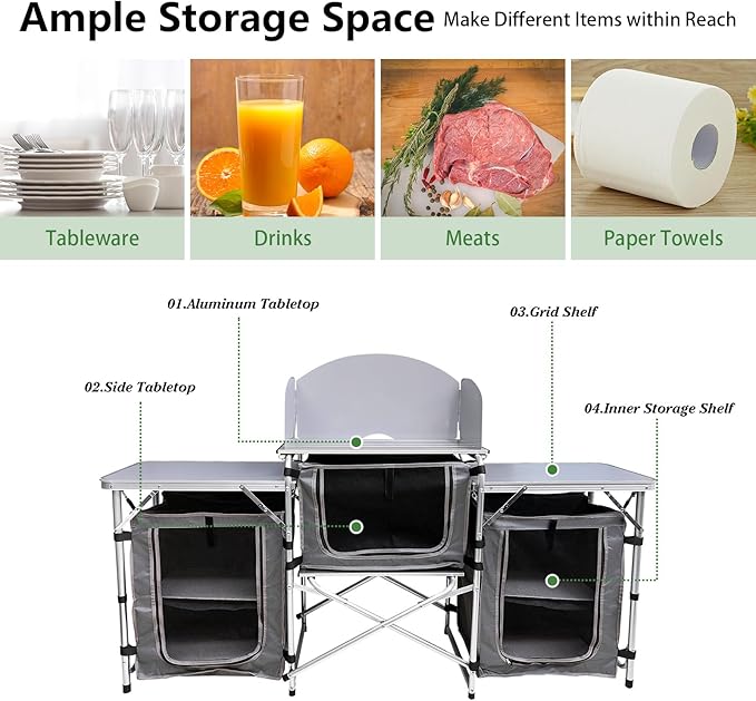 Camping Kitchen Table, Portable Folding Aluminum Cooking Table with 3 Storage Cupboards and Carrying Bags, Outdoor Cooking Station for Beach BBQ RV Traveling Camping Party (Silver)