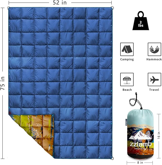 zzlamb Camping Blanket, Lightweight Cloak Puffy Down Alternative Travel Blanket, Portable & Windproof Warm Outdoor Blanket, Cozy Quilt Plane Car Picnic Hammock Beach Backpacking, 52x75in