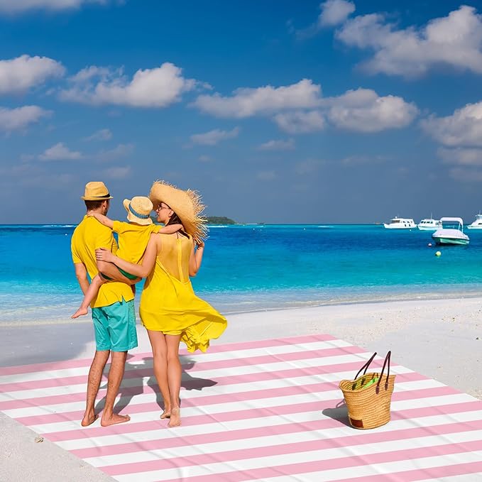 Pink Stripe Beach Blanket Sandproof Waterproof, Extra Large 78''×86'' Beach Mat for 1-4 Adults with Stakes and Sand Pocket, Compact Lightweight Sand Free Picnic Mat Beach Essential