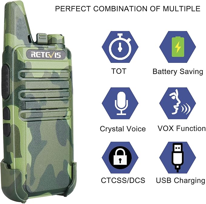 Retevis RT22 Walkie Talkies with Earpiece, Portable FRS Two-Way Radios, Camouflage, Compact, Lightweight, VOX Hands Free, Handheld 2 Way Radio with Headsets(10 Pack)