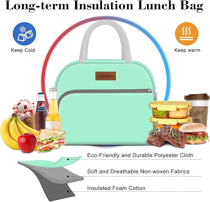 Coobiiya Lunch Bag Women, Lunch Box Bag for Women Adult Men, Small Leakproof Cute Lunch Tote Large Capacity Reusable Insulated Cooler Lunch Container for Work/Office/Picnic/Travel-Green