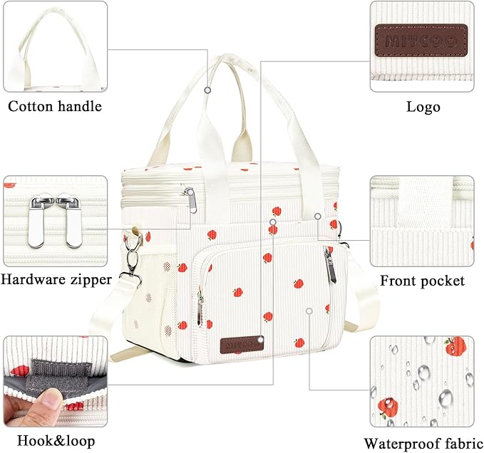 MIYCOO Lunch Bag & Lunch Box for Women Men Double Deck - Leakproof Insulated Soft Large Adult Lunch Cooler Bag for Work (Corduroy Apple, 15L)