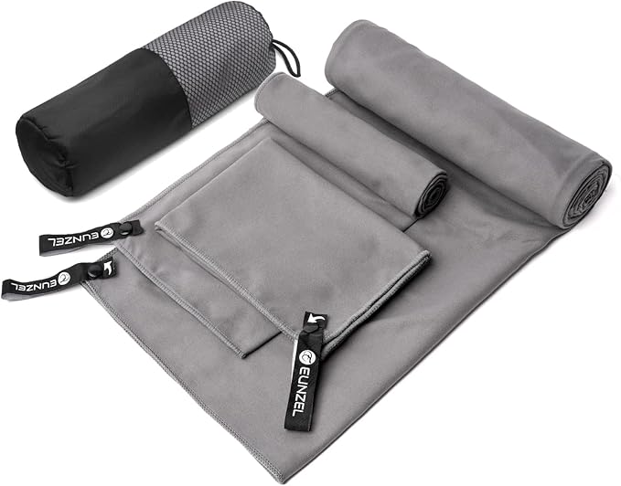 Eunzel Quick Dry Camping Towel, Microfiber Travel Towel 3 Size at 1 Pack,Fast Drying Towel Set for Camping, Beach, Gym, Sports, Yoga & Swimming Pool, Dark Grey/Grey