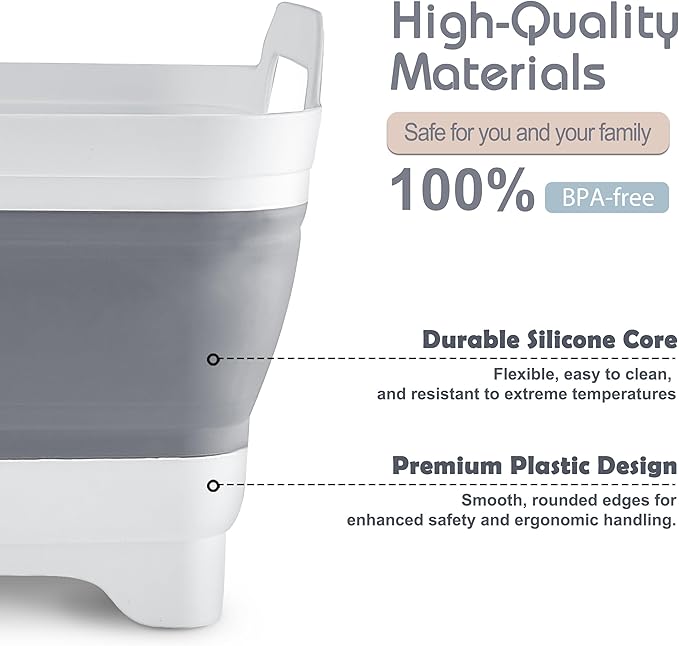 2.4 Gal(9L) Collapsible Dish Basin with Drain Plug, Space Saving Outdoor Multiuse Foldable Sink Tub, Dishpan, Kitchen Storage Tray for Camping, Vegetable Washing, RV (Gray)