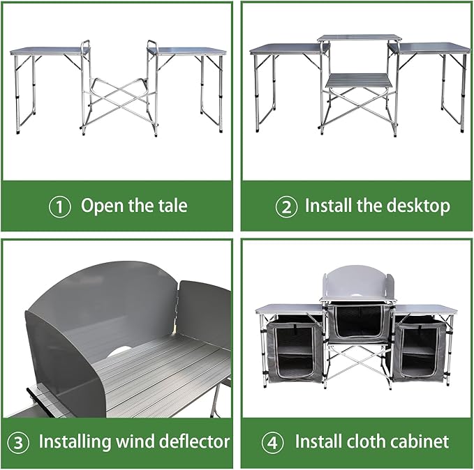 Camping Kitchen Table, Portable Folding Aluminum Cooking Table with 3 Storage Cupboards and Carrying Bags, Outdoor Cooking Station for Beach BBQ RV Traveling Camping Party (Silver)
