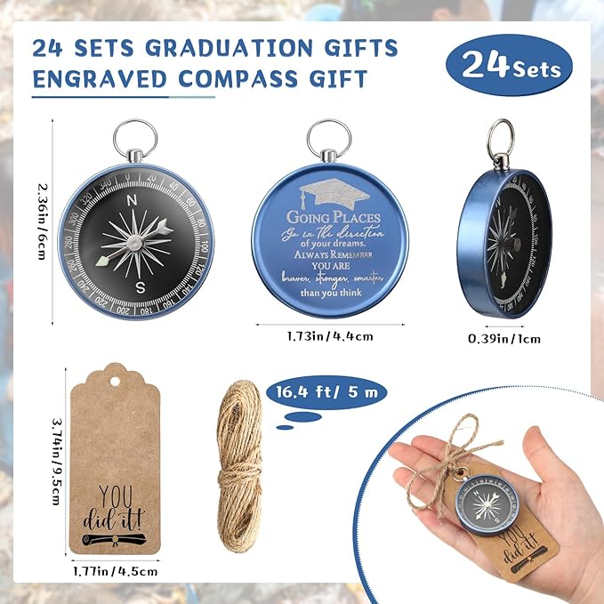 Coume 2025 Inspirational Graduation Gifts Engraved Compass for Middle Senior College Graduate Student Compass with You Did It Diploma Sign Tag Gift for Travel Grad Souvenir Favor(Blue,24 Set)