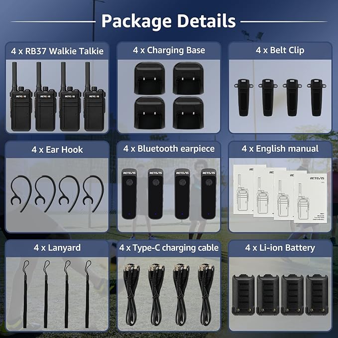 Retevis RB37 New Version,Bluetooth Walkie Talkies,2 Way Radio with Earpiece,VOX,2000mAh,USB-C,Wireless Walkie Talkie for School Hospital Retail Manufacture (4 Pack)